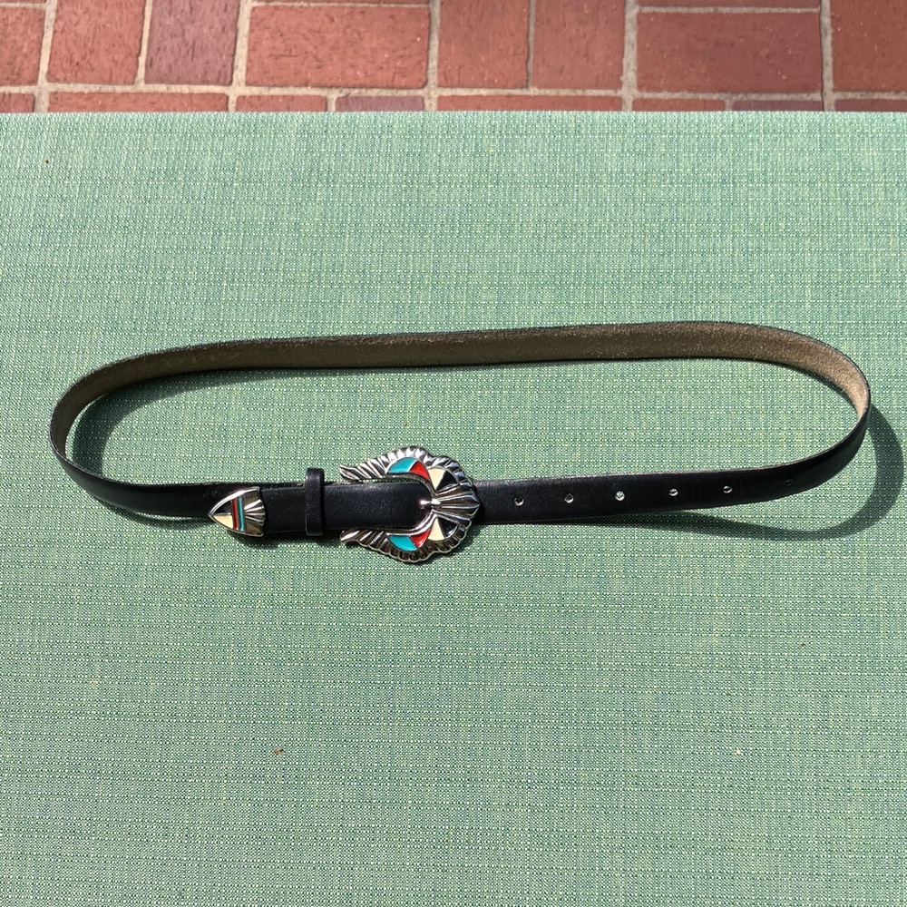 Black Leather Belt with Multicolor Buckle